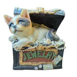 Vintage Calico Cat Treasure Chest Trinket Box Kitty Jewelry Pearls Coins Decor